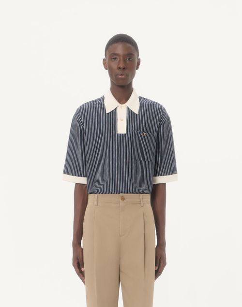 Valentino - Valentino Viscose T-shirt With Striped Vlogo Embroidery - Navy/butter - Man - T-shirts And Sweatshirts