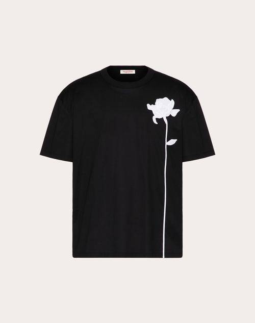 Valentino - Mercerized Cotton T-shirt With Flower Embroidery - Black - Man - Shelf - Mrtw - Flower Embro