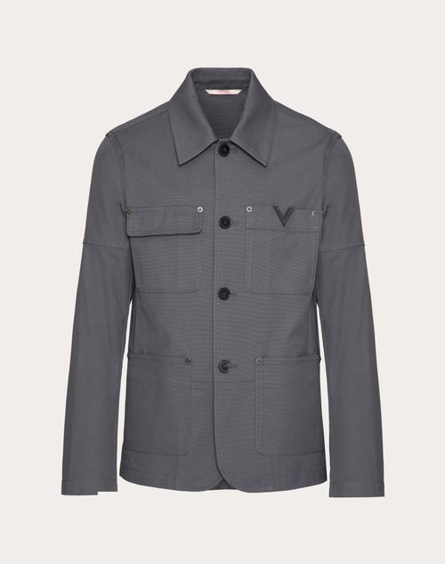 Valentino - Veste En Toile De Coton Extensible Avec Élément V En Métal - Gris Clair - Homme - Blousons Et Doudounes