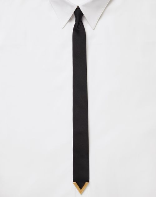Wool And Silk Valentie Tie With Metal V Appliqué for Woman in Black/gold |  Valentino US