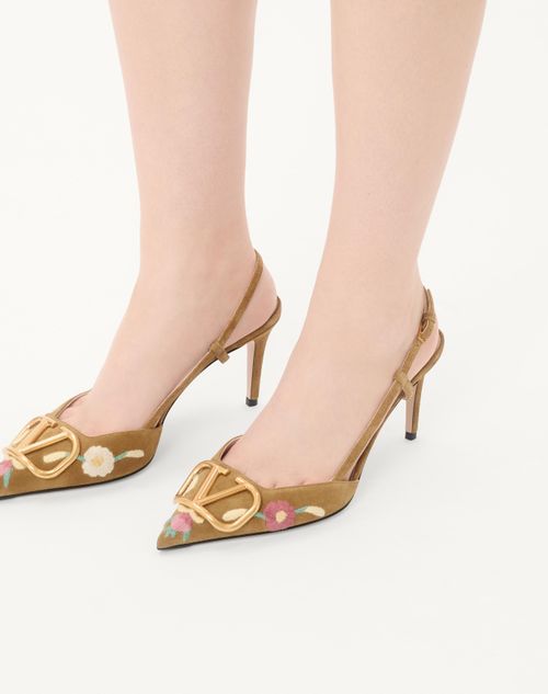 Valentino Garavani - Vlogo Signature Slingback Pump In Crust Leather With Floral Embroidery 80mm - Havana Beige - Woman - Pumps