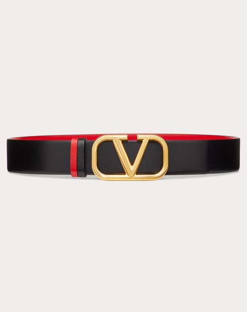 Valentino Garavani - Reversible Vlogo Signature Belt In Glossy Calfskin 40 Mm - Black/pure Red - Woman - Belts