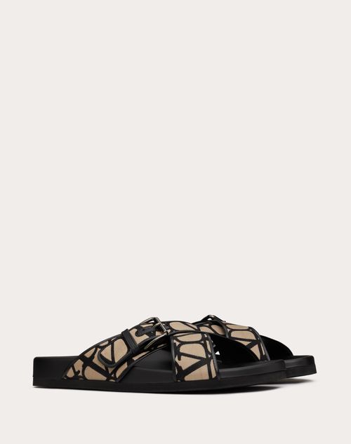 Valentino Garavani - Fussfriend Slide Sandal In Toile Iconographe Technical Fabric - Natural/black - Man - Shoes