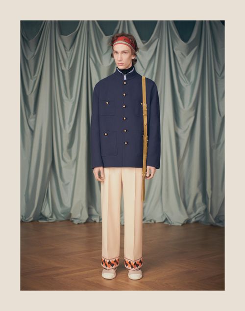 Wool Gabardine Trousers With Jacquard Hem for Man in Butter Wool Gabardine Trousers With Jacquard Hem for Man in Butter