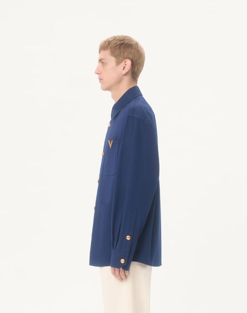 Valentino - Valentino Cotton Gabardine Shirt Jacket With Vgold - Cobalt - Man - Outerwear