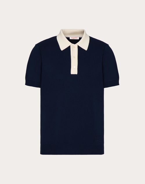 Valentino - Wool Polo Shirt With Vlogo Signature Embroidery - Navy/ivory - Man - Knitwear