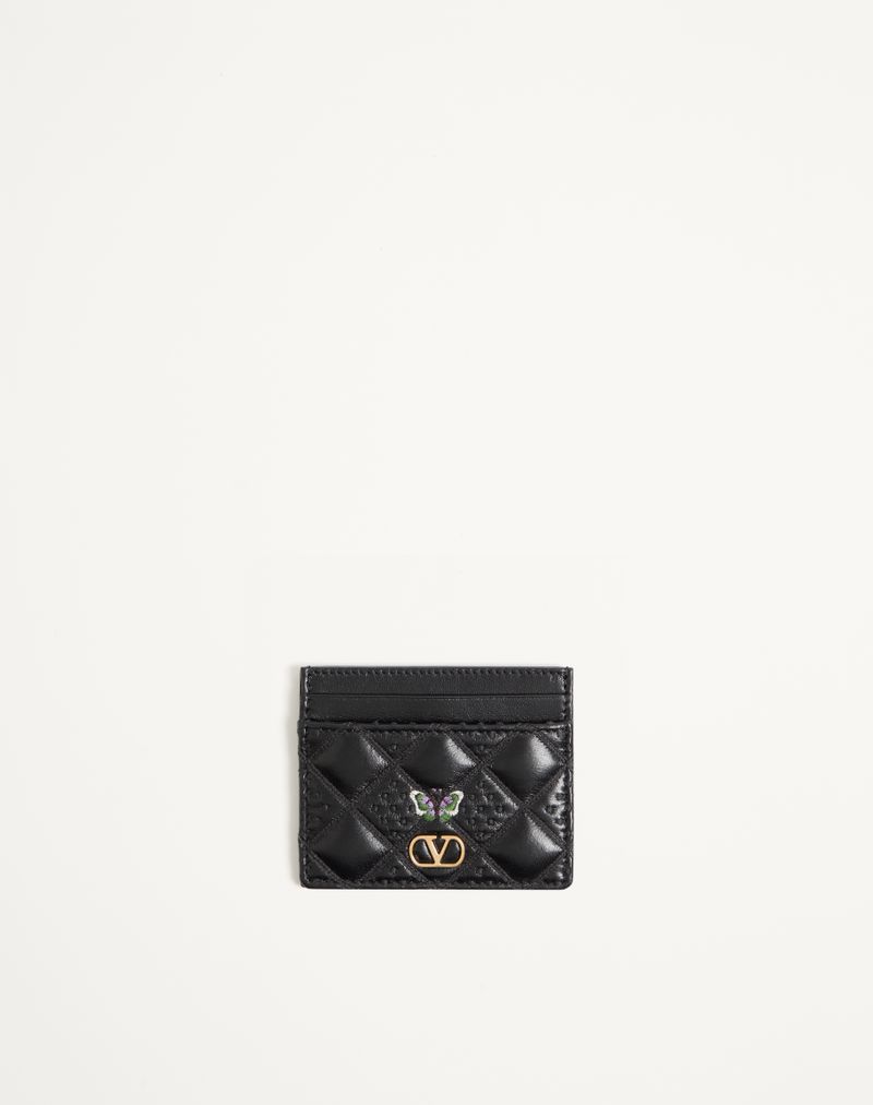 VALENTINO フラッターバイ キルトモチーフ & バタフライエンブロイダリー シャイニーナッパレザー カードホルダー