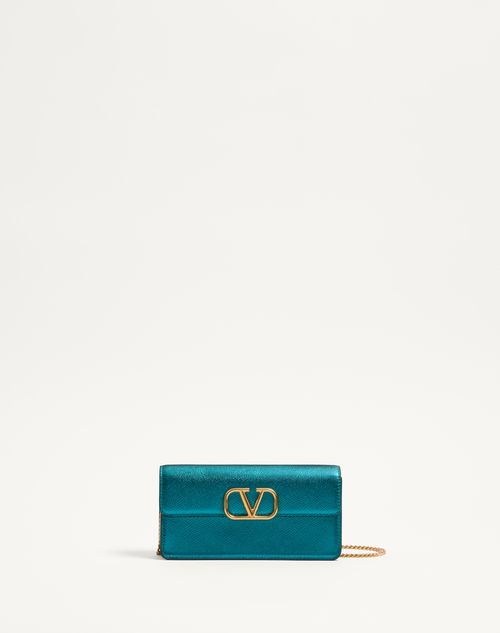 Valentino Garavani - Vlogo Signature Laminated Grainy Calfskin Wallet With Chain - Peacock - Woman - Wallets And Small Leather Goods