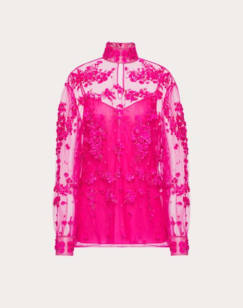 Valentino - Top In Tulle Illusione Ricamato - Pink Pp - Donna - Camicie E Top
