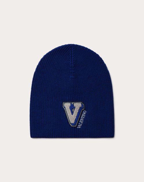 Valentino Garavani - Wool Beanie With Embroidered V-3d Patch - Blue - Man - Hats And Gloves