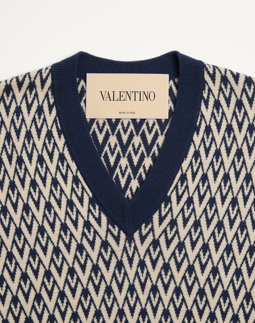 Valentino - Wool Jumper With Toute La V Jacquard Pattern - Navy/cream - Man - Knitwear