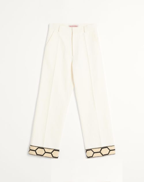 Valentino - Cotton And Linen Trousers With Jacquard Hems - Ivory - Man - Trousers And Shorts