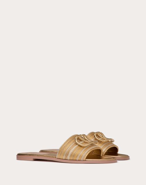 Valentino Garavani - Sandalias Sin Talón De Cuero Metalizado Con El Vlogo Signature Y Con Bordado Cornely - Oro - Mujer - Shelf - W Shoes - Summer Vlogo