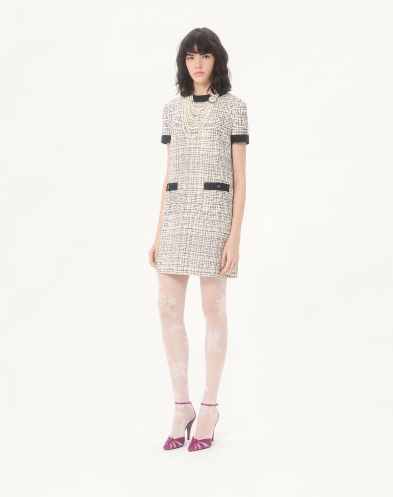 Valentino Short Dress In Square Tweed Woman Vanilla/Black 50