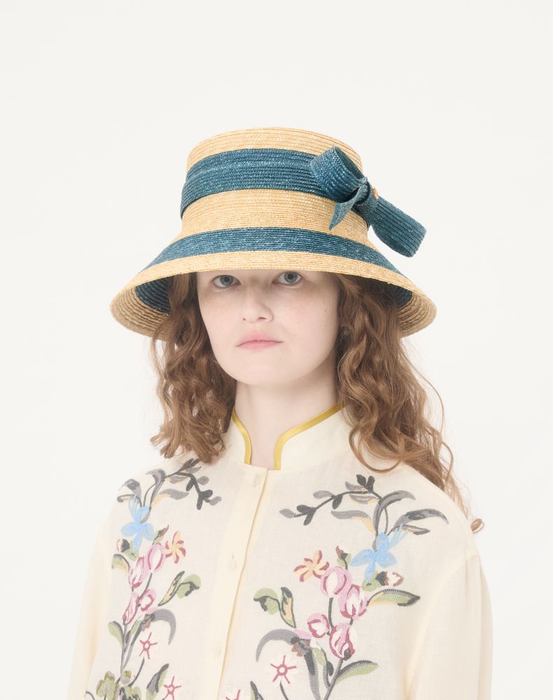 Valentino Garavani Vlogo Signature Straw Bucket Hat Woman Natural/Blue 58