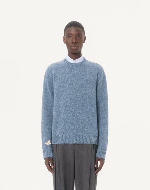 Valentino - Maglia Valentino In Lana Mouliné Con Patch Farfalla Ricamata - Avio - Uomo - Maglieria
