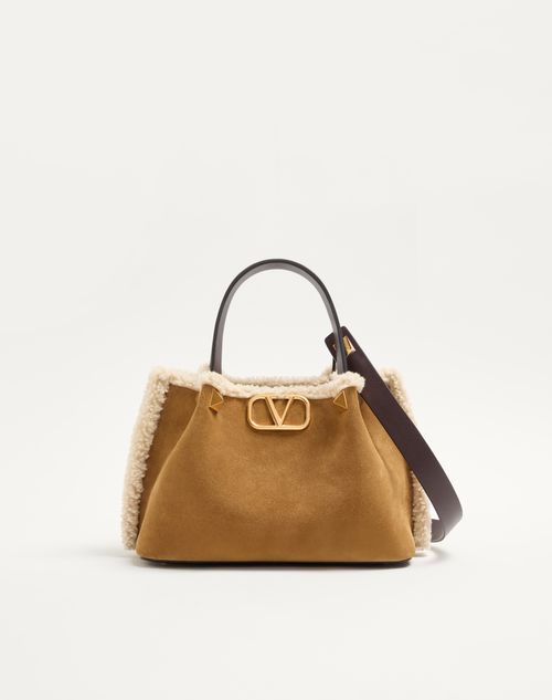 Valentino Garavani - Valentino Garavani Small Suede Shopping Bag With Sheepskin Lining - Havana Beige - Woman - Totes