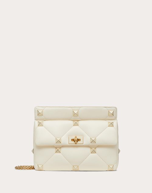 Valentino Garavani - Large Roman Stud The Shoulder Bag In Nappa With Chain And Enameled Studs - Ivory - Woman - Valentino Garavani Roman Stud