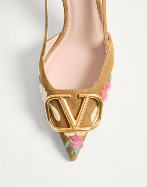 Valentino Garavani - Vlogo Signature Slingback Pump In Crust Leather With Floral Embroidery 80mm - Havana Beige - Woman - Pumps