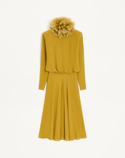 Valentino - Abito Midi In Georgette Con Piume - Ocra - Donna - Abiti