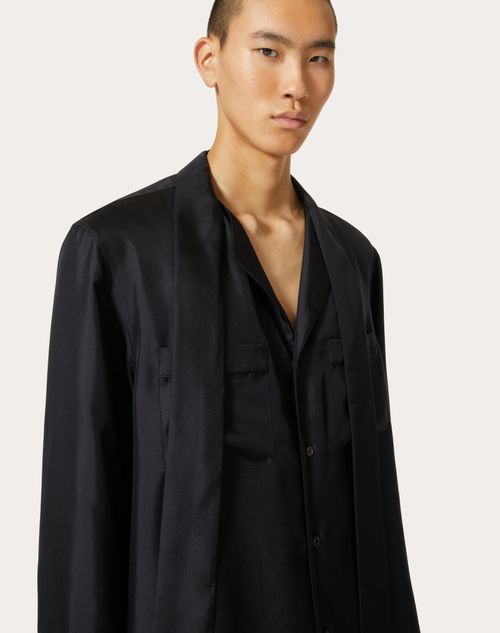 Silk Pajama Shirt With Scarf Collar for Man in Black | Valentino US