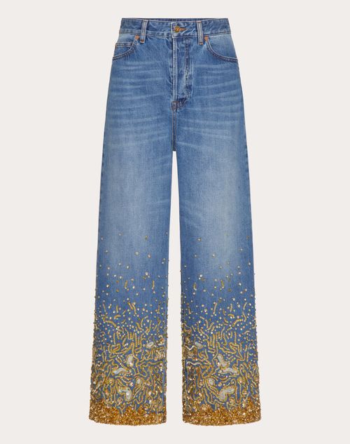 Valentino - Pantalón De Mezclilla Con Bordado - Denim/oro - Mujer - Denim