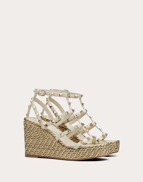 Valentino Garavani - Rockstud Calfskin Wedge Sandal With Straps 95 Mm - Light Ivory - Woman - Espadrilles And Wedges