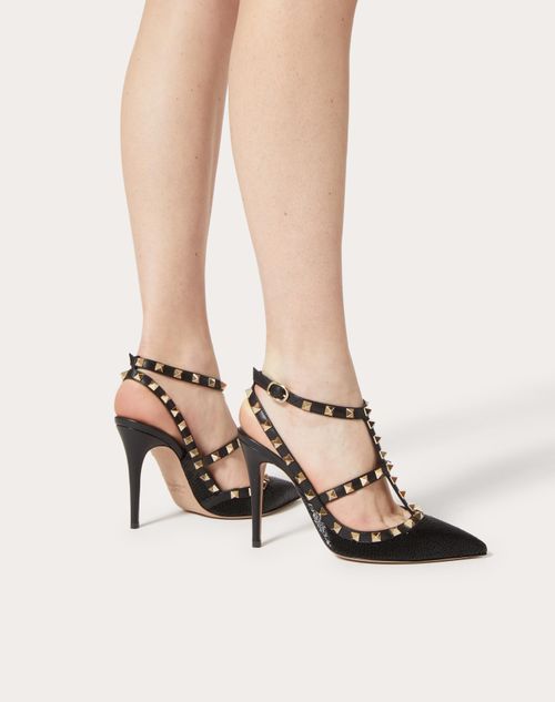 Satin Rockstud Pump With All-over Tubes Embroidery And Straps 100mm for in Black | US