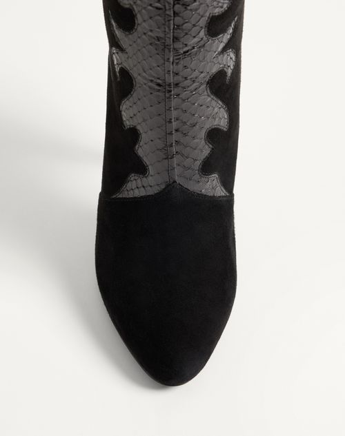 Valentino Garavani - Boutade Suede Boot With Elaphe Details 105mm - Black - Woman - Boots And Ankle Boots