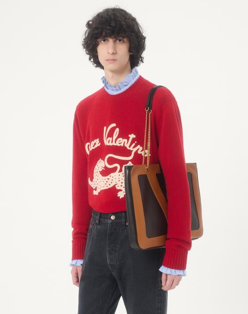 Valentino - Valentino Wool Sweater With Chez Valentino & Panther Embroidery - Red - Man - Knitwear