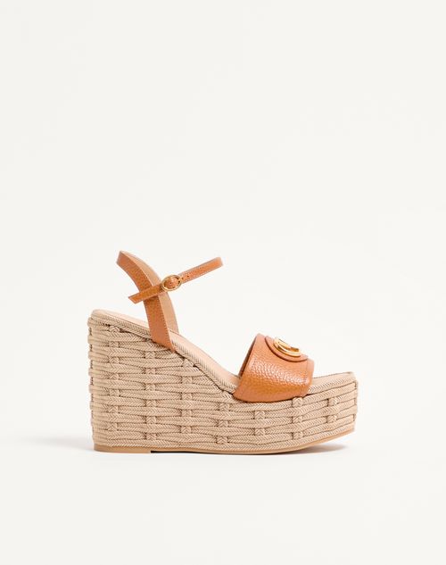 Valentino Garavani - Vlogo Signature Wedge Sandal In Grainy Calfskin 120mm - Almond - Woman - Espadrilles And Wedges