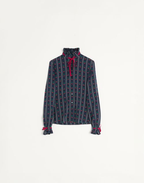 Valentino - Crepe De Chine Shirt With Cherryfic Print - Navy/cherry Red - Woman - Shirts And Tops