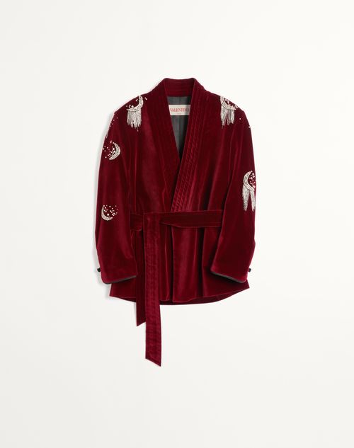 Valentino - Cotton Velvet Belt Jacket With Rhinestone And Bead Embroidery - Crimson - Man - Coats And Blazers