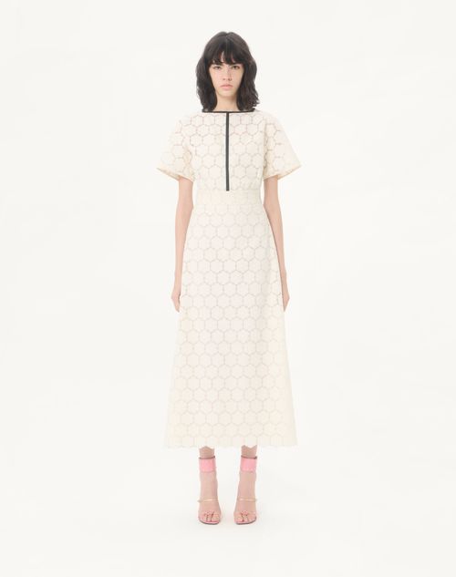 Valentino - Midi Dress In Fleurs À Jours Cotton - Latte/black - Woman - Dresses