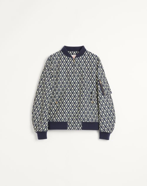 Valentino - Nylon Bomber Jacket With Toute La V Print - Navy/cream - Man - Outerwear