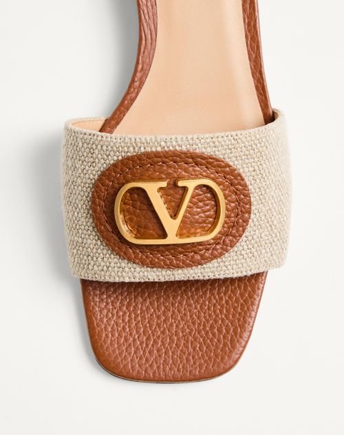 Valentino Garavani - Vlogo Signature Slide Sandal In Canvas 20mm - Natural/saddle Brown - Woman - Slides And Thongs