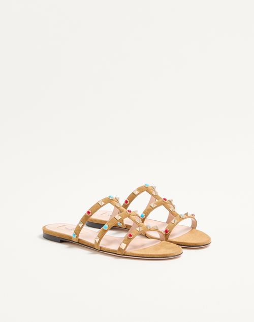 Valentino Garavani - Rockstud Slide Sandal In Split Leather With Cabochon Stones - Havana Beige - Woman - Sandals