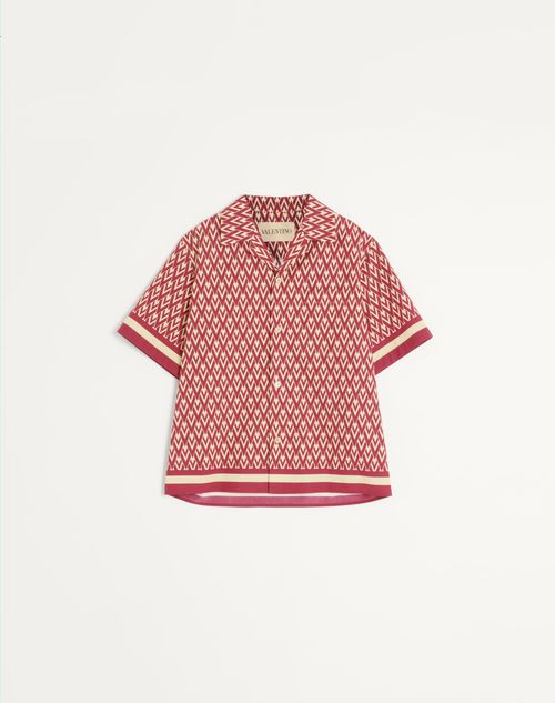 Valentino - Cotton Popeline Bowling Shirt With Toute La V Print - Red/cream - Man - Shelf - Mrtw - Fancy Daywear W1