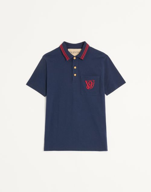 Valentino - Cotton Piqué Polo Shirt With Vg Embroidery - Blue - Man - T-shirts And Sweatshirts