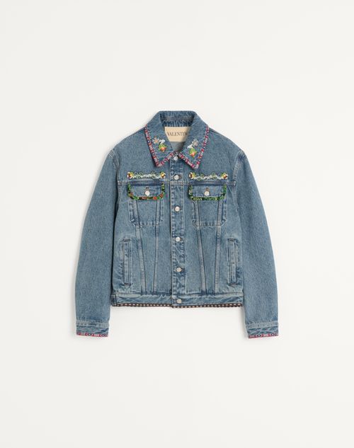 Valentino - Denim Jacket With Beaded Embroidery And Printed Edges - Blue - Man - Shelf - Mrtw - City Attitude W1