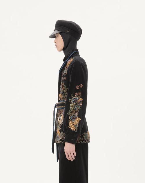 Valentino - Valentino Cotton Velvet Jacket With Belt And Embroidery - Black - Man - Coats And Blazers
