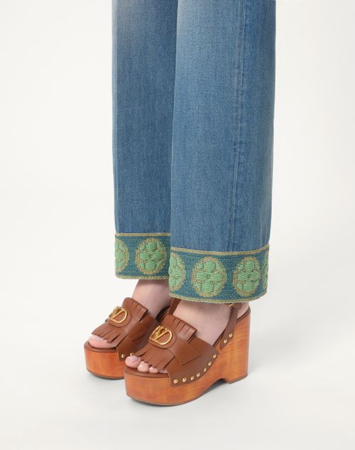 Valentino Garavani - Vlogo Signature Calfskin Clog Sandal With Fringes 120mm - Tobacco - Woman - Espadrilles And Wedges