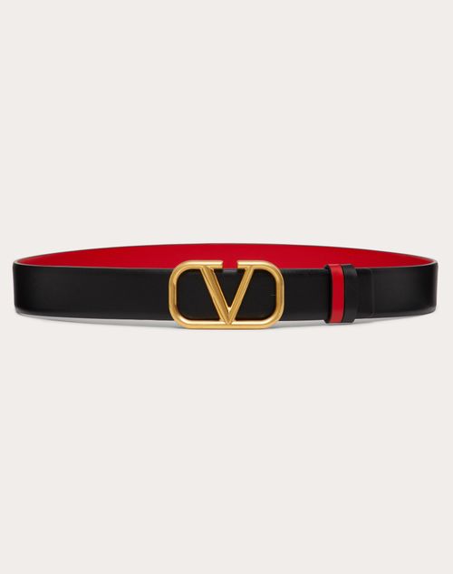 Valentino Garavani - Vロゴ シグネチャー シャイニーカーフスキン リバーシブルベルト 30mm - ブラック/ピュアレッド - 女性 - ベルト