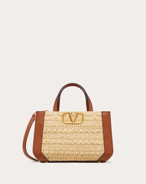 Valentino Garavani - Vlogo Signature Handbag With Raffia Embroidery - Natural/saddle Brown - Woman - Totes