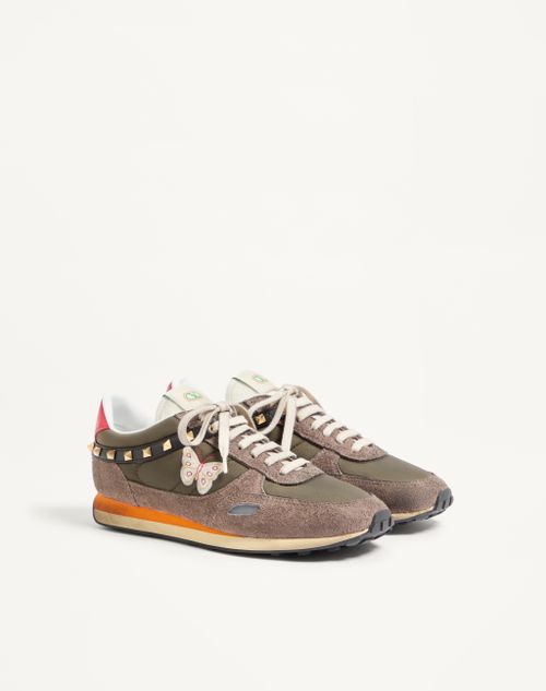 Valentino Garavani - Stud Up Trainer In Split Leather And Nylon With Butterfly Embroidery - Olive Green/multicolour - Man - Trainers