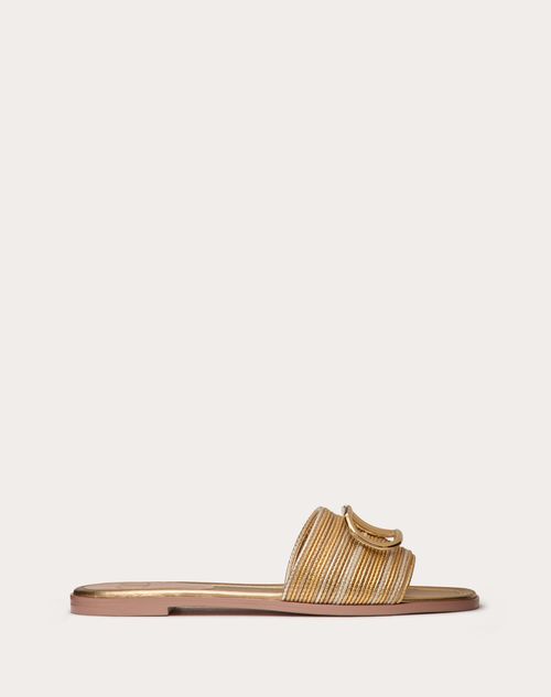 Valentino Garavani - Sandalias Sin Talón De Cuero Metalizado Con El Vlogo Signature Y Con Bordado Cornely - Oro - Mujer - Shelf - W Shoes - Summer Vlogo