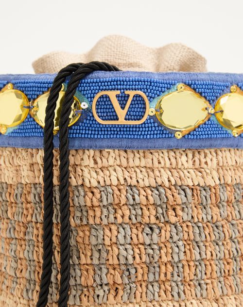 Valentino Garavani - Valentino Garavani Small Embroidered Bucket Bag In Raffia - Natural/azure - Woman - Shoulder Bags