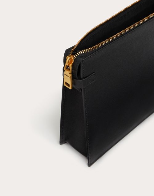 V Logo Signature Leather Pouch in Black - Valentino Garavani