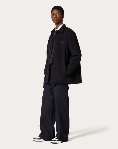 Valentino - Technical Wool Cloth Shirt Jacket With Rubberised V Detail - Navy - Man - Outerwear