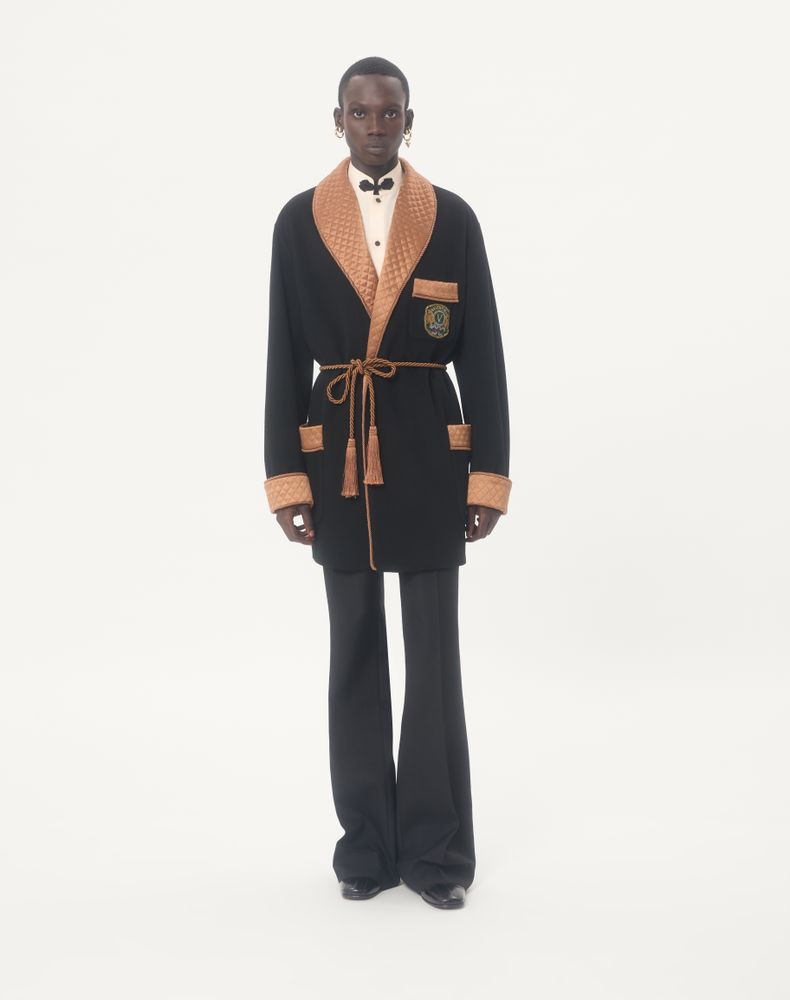 Valentino Belted Jacket In Wool And Cashmere Cloth With Embroidered Patch Man Black 50